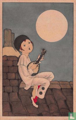 Pierrot met mandoline op dak in maneschijn - Image 1
