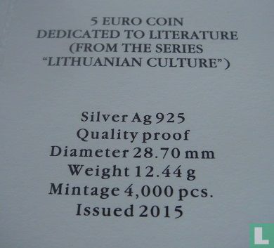 Lithuania 5 euro 2015 (PROOF) "Literature" - Image 3