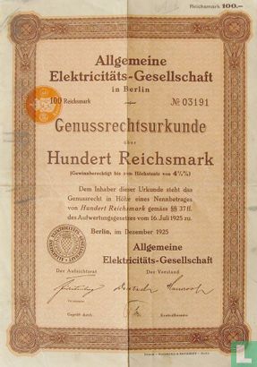 Allgemeine Electricitäts-Gesellschaft. Genussrechtsurkunde über Hundert Reichsmark - Afbeelding 1