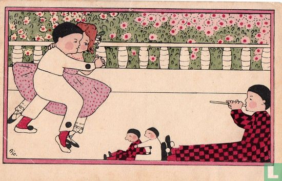Pierrot en meisje dansen, harlekijn speelt fluit - Afbeelding 1