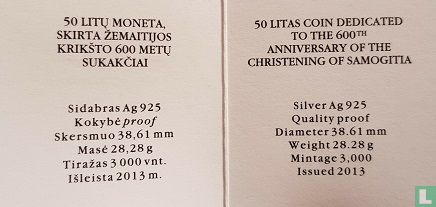 Lituanie 50 litu 2013 (BE) "600th anniversary of Christening of Samogitia" - Image 3