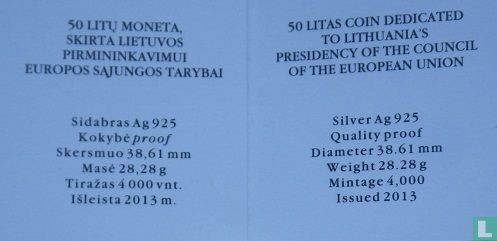 Litouwen 50 litu 2013 (PROOF) "Lithuania’s Presidency of the Council of the European Union" - Afbeelding 3