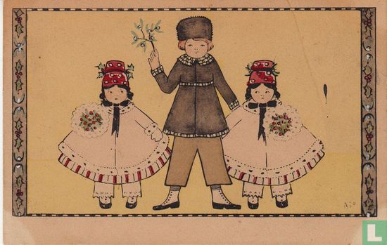 Jongen met mistletoe geflankeerd door twee meisjes - Afbeelding 1