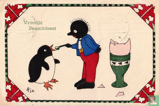 Vroolijk Paaschfeest: Golliwog voert pinguin hapje ei - Afbeelding 1