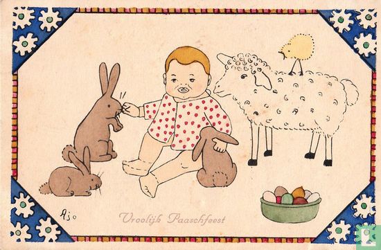 Baby met hazen, schaap en kuiken - Afbeelding 1