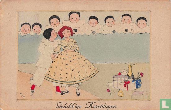 Pierrot met meisje en cadeautjes, acht pierrots kijken over heg - Afbeelding 1