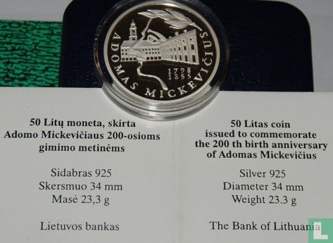 Lituanie 50 litu 1998 (BE) "200th birth anniversary of the poet Adomas Mickevicius" - Image 3