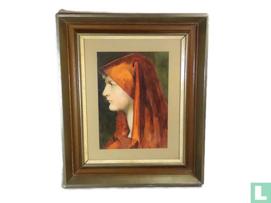Antiek waterverfportret vrouw in het rood - Afbeelding 2