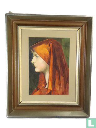 Antiek waterverfportret vrouw in het rood - Afbeelding 3