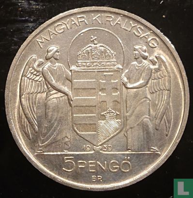Hongarije 5 pengö 1939 "Admiral Miklós Horthy" - Afbeelding 1