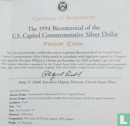 Vereinigte Staaten 1 Dollar 1994 (PP) "Bicentennial of the United States Capitol" - Bild 3