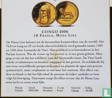 Congo-Kinshasa 10 francs 2006 (PROOF) "Mona Lisa" - Image 3