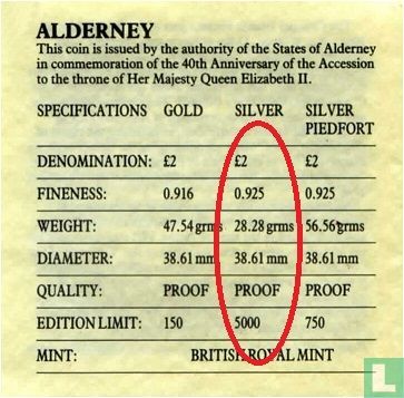 Alderney 2 pounds 1992 (PROOF - zilver) "40th anniversary Accession of Queen Elizabeth II" - Afbeelding 3