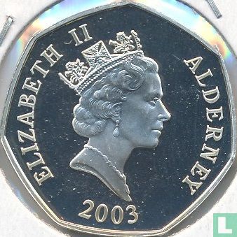 Alderney 50 pence 2003 (PROOF) "50th anniversary Coronation of Queen Elizabeth II - Queen Elizabeth II seated on throne" - Afbeelding 1
