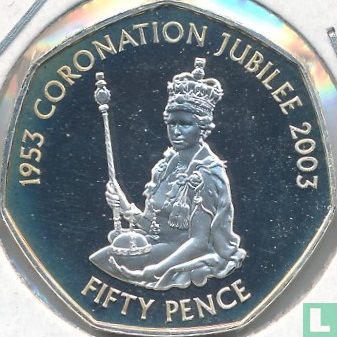 Alderney 50 pence 2003 (PROOF) "50th anniversary Coronation of Queen Elizabeth II - Queen Elizabeth II seated on throne" - Afbeelding 2