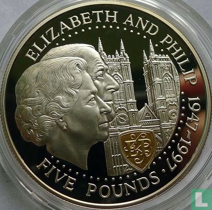 Guernsey 5 pounds 1997 (PROOF - zilver) "50th Wedding anniversary of Queen Elizabeth II and Prince Philip" - Afbeelding 2
