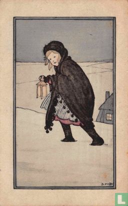 Meisje loopt door sneeuwlandschap met lantaarn - Afbeelding 1