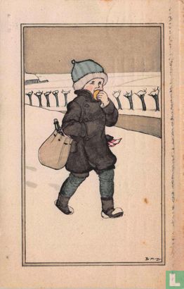 Jongen loopt door sneeuwlandschap met oliebol en champagne - Image 1
