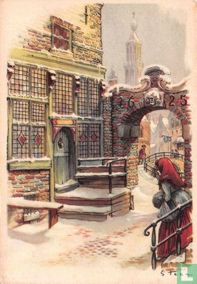 Vrouw loopt trap af met op achtergrond poort uit 1625 - Afbeelding 1
