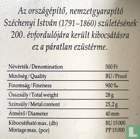 Ungarn 500 Forint 1991 (PP) 200th anniversary Birth of Count István Széchenyi" - Bild 3