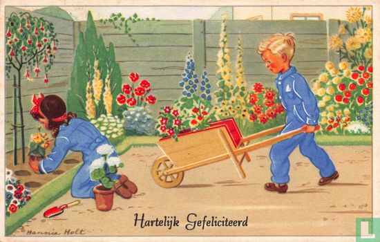 Jongen en meisje in blauwe overalls tuinieren - Image 1