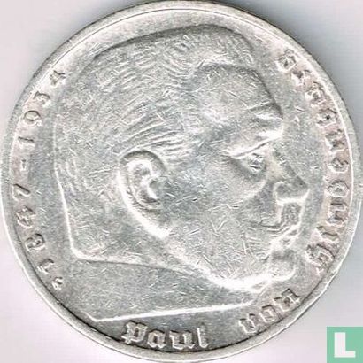 Duitse Rijk 5 reichsmark 1936 (met hakenkruis - G) - Afbeelding 2