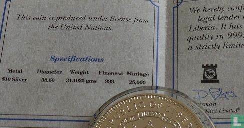 Liberia 10 dollars 1995 (PROOF) "50th anniversary of the United Nations" - Afbeelding 3