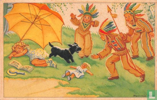 Kinderen met hond spelen indiaantje met meisje onder parasol - Image 1