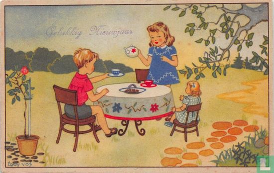 Jongen en meisje drinken thee met pop aan tafel in tuin - Image 1