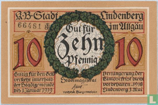 Lindenberg im Allgäu 10 Pfennig 1918 - Afbeelding 1