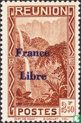 Salazie waterfall, overprinted "France libre"
