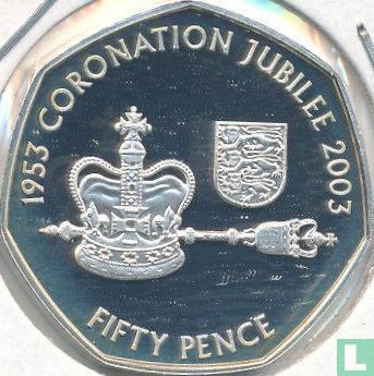 Jersey 50 Pence 2003 (PP) "50 years Coronation of Queen Elizabeth II - Crown with royal mace and shield" - Bild 2