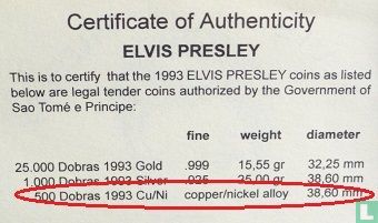 Sao Tomé en Principe 500 dobras 1993 "Elvis Presley" - Afbeelding 3