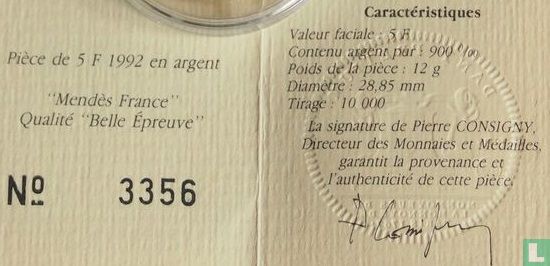 Frankreich 5 Franc 1992 (PP - Silber) "10th anniversary Death of Pierre Mendès France" - Bild 3