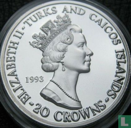 Turks- en Caicoseilanden 20 crowns 1993 (PROOF) "40th anniversary Coronation of Queen Elizabeth II - Queen on throne" - Afbeelding 1