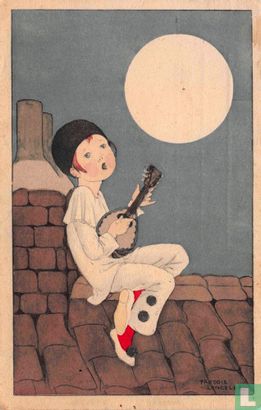 Pierrot met mandoline op dak in maneschijn - Image 1
