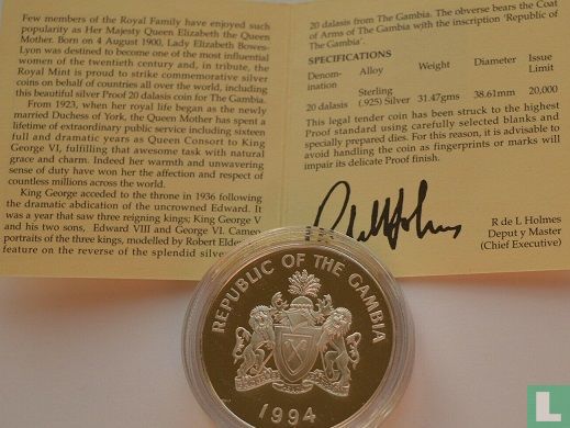 The Gambia 20 dalasis 1994 (PROOF) "1936 Year of the three Kings" - Image 3