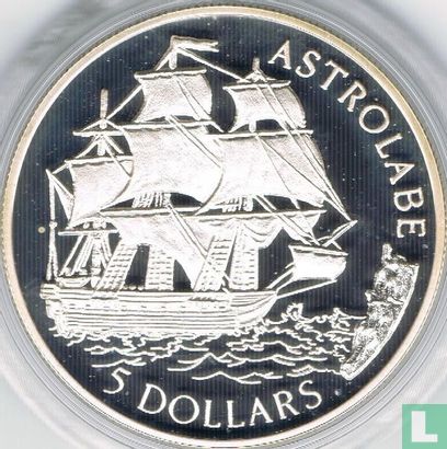 Cookeilanden 5 dollars 1992 (PROOF) "Sailing ship Astrolabe" - Afbeelding 2