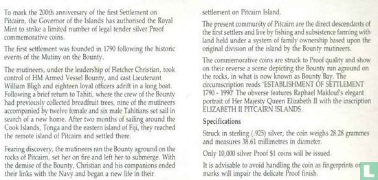 Pitcairneilanden 1 dollar 1990 (PROOF) "200th anniversary First settlement on Pitcairn Islands" - Afbeelding 3