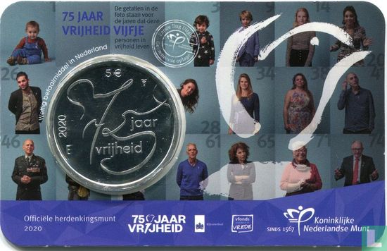Netherlands 5 euro 2020 (coincard - first day of issue) "75 years of freedom in Europe" - Image 1