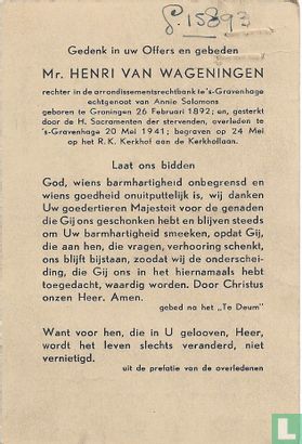 Bidprentje bij begrafenis van mr. Henri van Wageningen, echtgenoot van schrijfster Annie Salomons - Image 2
