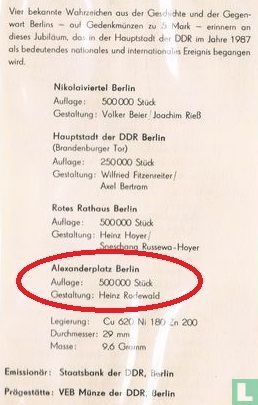 DDR 5 Mark 1987 "750 years of Berlin - Alexanderplatz" - Bild 3