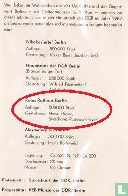 DDR 5 Mark 1987 "750 years of Berlin - Red city hall" - Bild 3