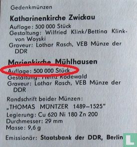 DDR 5 mark 1989 "500th anniversary Birth of Thomas Müntzer - St. Mary's Church in Mühlhausen" - Afbeelding 3