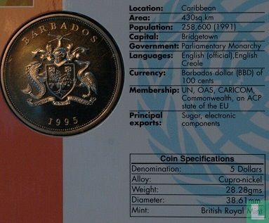 Barbados 5 dollars 1995 "50th anniversary of the United Nations" - Image 3