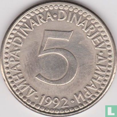 Jugoslawien 5 Dinara 1992 - Bild 1