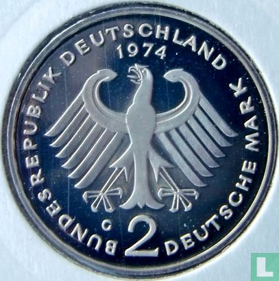 Germany 2 mark 1974 (PROOF - G - Theodor Heuss) - Image 1
