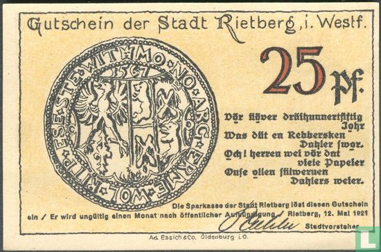 Rietberg 25 Pfennig - Image 1