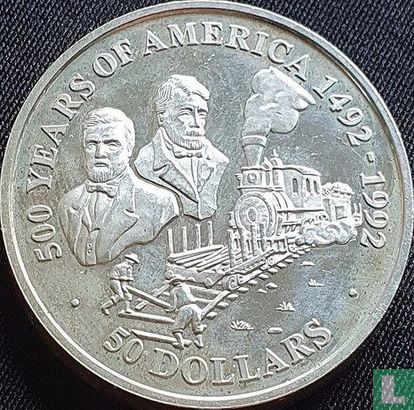 Îles Cook 50 dollars 1991 (BE) "500 years of America - First U.S. transcontinental railroad" - Image 2
