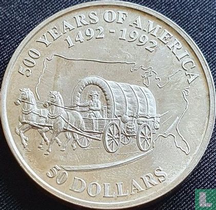Cook Islands 50 dollars 1992 (PROOF) "500 years of America - Oregon trail" - Image 2